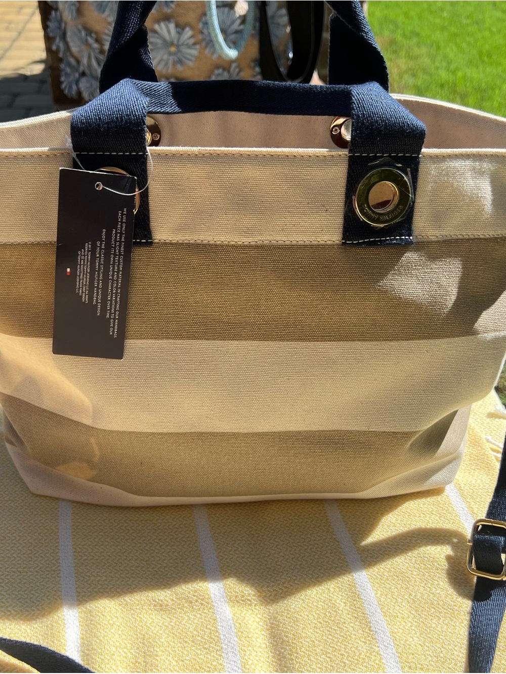 Tommy Hilfiger Canvas Stripe Tote Bag with Navy Handles - Neutral Stripe